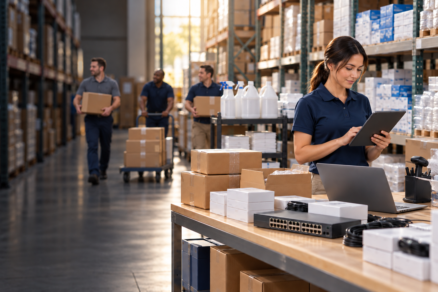 Illustrative supply-distribution team preparing IT hardware, medical equipment, and facility supplies, with warehouse associates moving boxes in the aisle